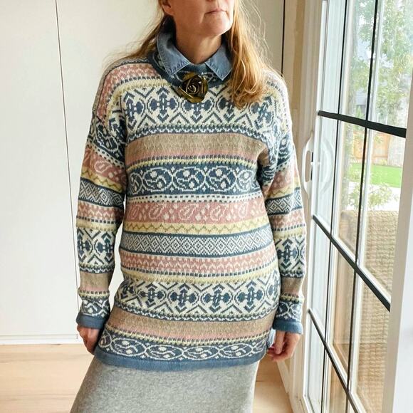 Vintage 90s Sweater Pastels Chunky Knit Oversized Knit Midi Length Pink Blue - Picture 5 of 12